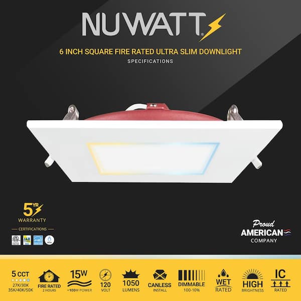 6 in. Square Trim 2HR Fire Rated Canless 27K-50K Select New Construction 15W Integrated LED Recessed Lighting Kit 12PK