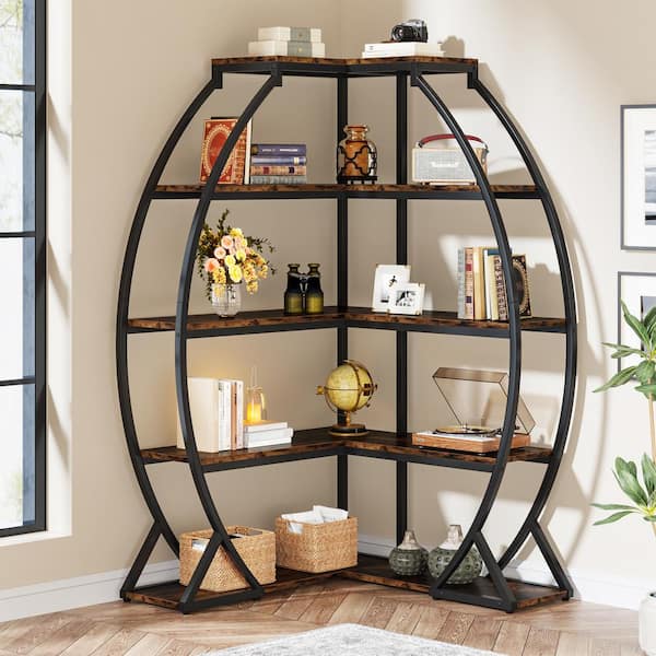 TRIBESIGNS WAY TO ORIGIN Jannelly 69 in. Tall Rustic Brown Wood 10-Shelf Corner Bookshelf Etagere Bookcase, Open Display Rack with Metal Frame