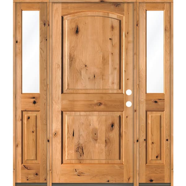 Krosswood Doors 70 in. x 80 in. Rustic Knotty Alder Arch clear stain Wood Left Hand Inswing Single Prehung Front Door/Half Sidelites