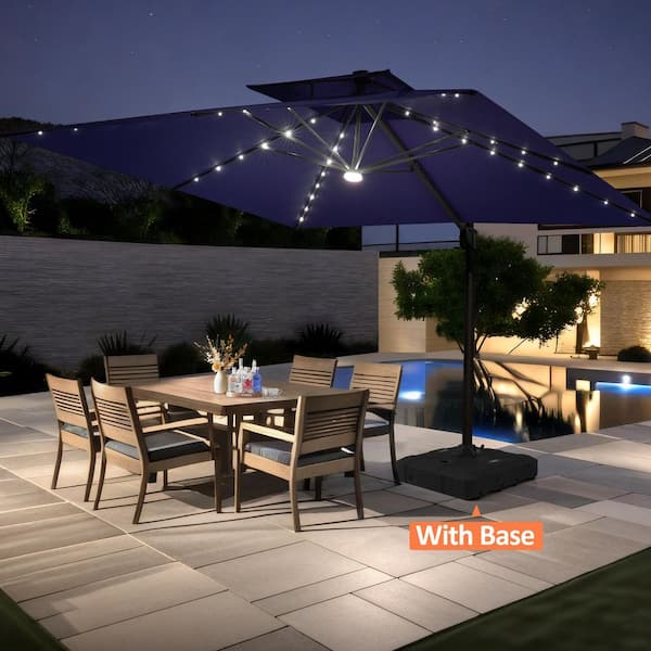 Double Top 9 ft. x 11 ft. Solar LED Outdoor 360° Rotation Patio Cantilever Umbrella with 350 lbs. Base in Navy Blue