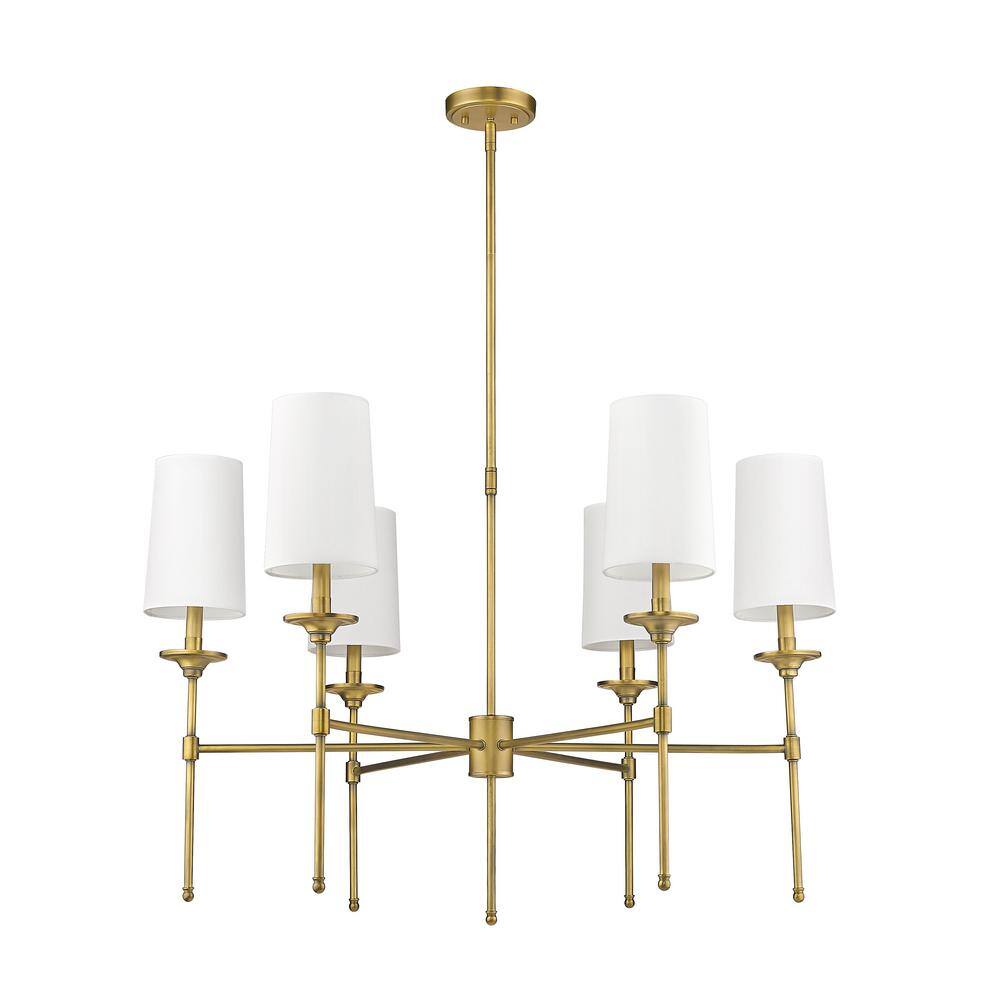 Emily Rubbed Brass 6-Light Chandelier with Off-White Shades
