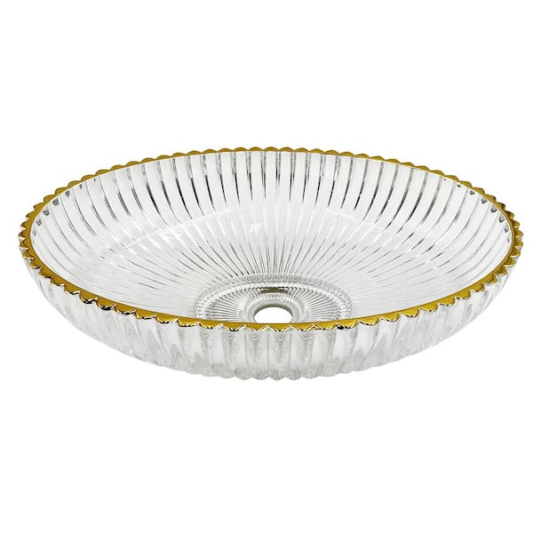 castellousa Lucine 21 in . Modern Clear Transparent With Gold Rim Tempered Glass Crystal Oval Vessel Sink