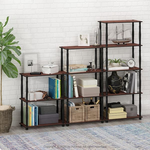 Furinno 43.25 in. Tall Dark Cherry/Black Wood 4-Shelves Etagere Bookcases