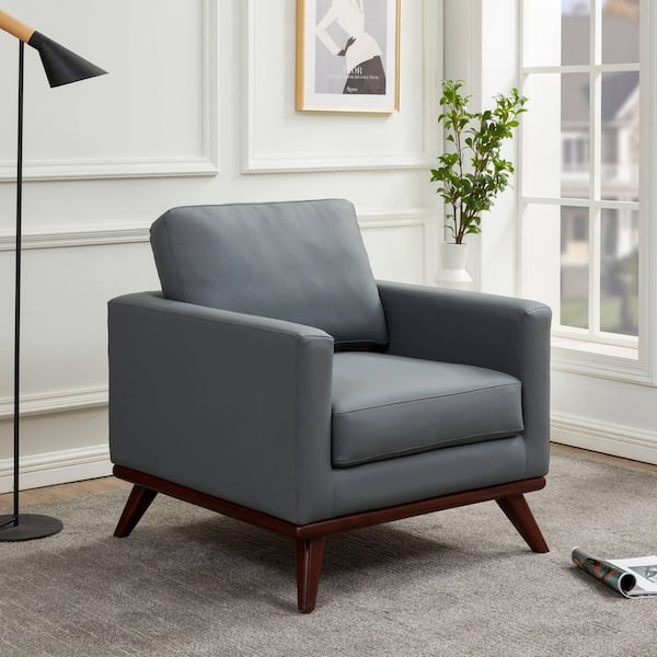 Chester Leather Accent Arm Chair with Removable Cushions Single Seater Sofa with Birch Wood Legs in Grey