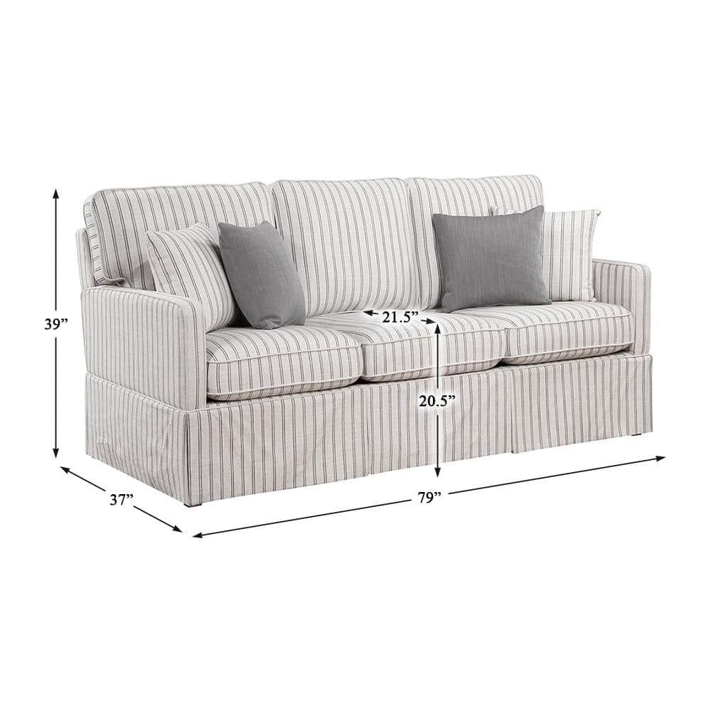 White and Gray Striped Fabric Lawson Sofa with Wood Frame
