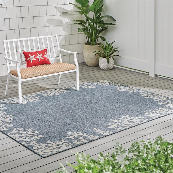 Blue 8 ft. x 10 ft. Coastal Reef Border Indoor/Outdoor Area Rug