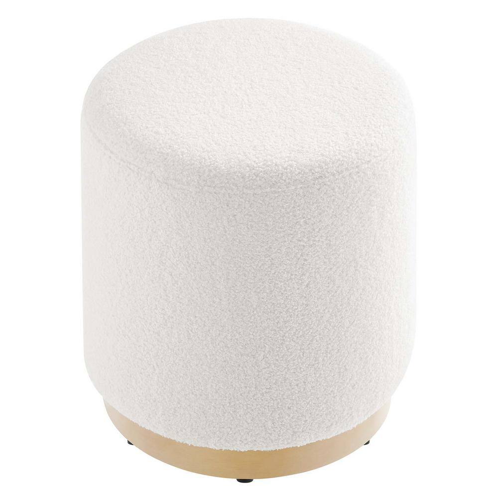Ivory Sherpa Upholstered Round Ottoman with Rubberwood Base