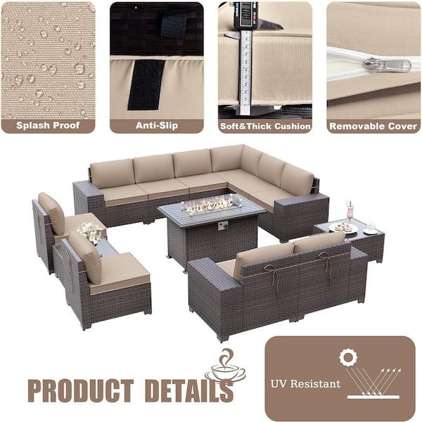 13-Piece Wicker Patio Conversation Set with 55000 BTU Gas Fire Pit Table and Glass Coffee Table and Cushions Sand