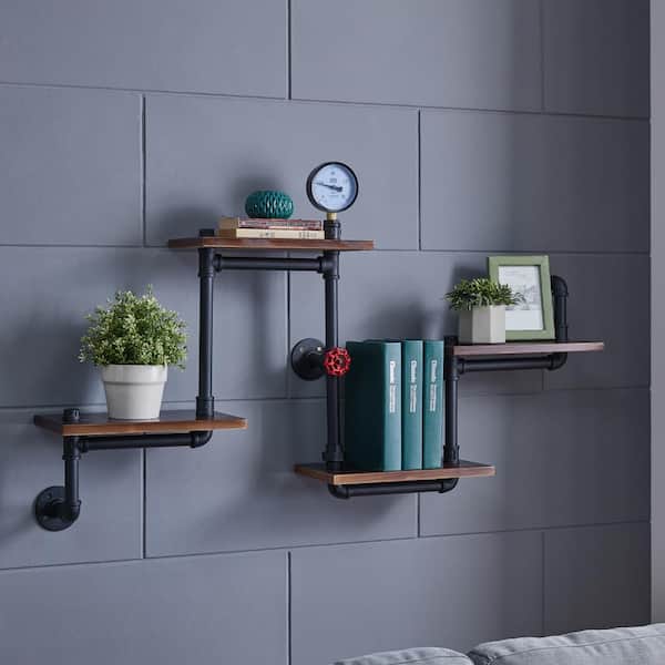 Danya B 4 Shelf 44 5 In X 8 Corner Or Straight Floating Industrial Pipe Wall Mount Shelving Unit Gh150 The Home Depot - Corner Shelf Unit Wall Mounted