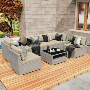 7-Piece Wicker Outdoor Patio Conversation Seating Sofa Set with Coffee Table, Beige Cushions