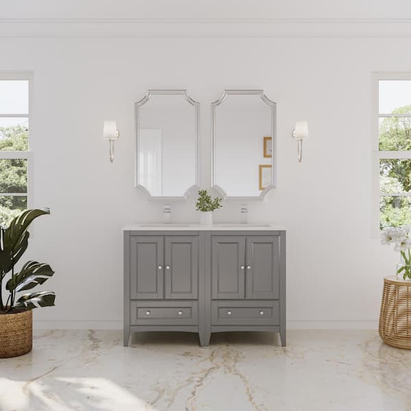Oxford 48 in. Traditional Double Bath Vanity in Gray with Quartz Stone Vanity Top in White with White Basins