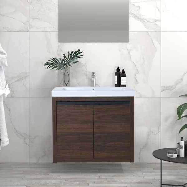 FORCLOVER 23-5/8 in. W x 18-1/8 in. D x 20-1/2 in. H Bath Vanity in California Walnut with White Resin Top