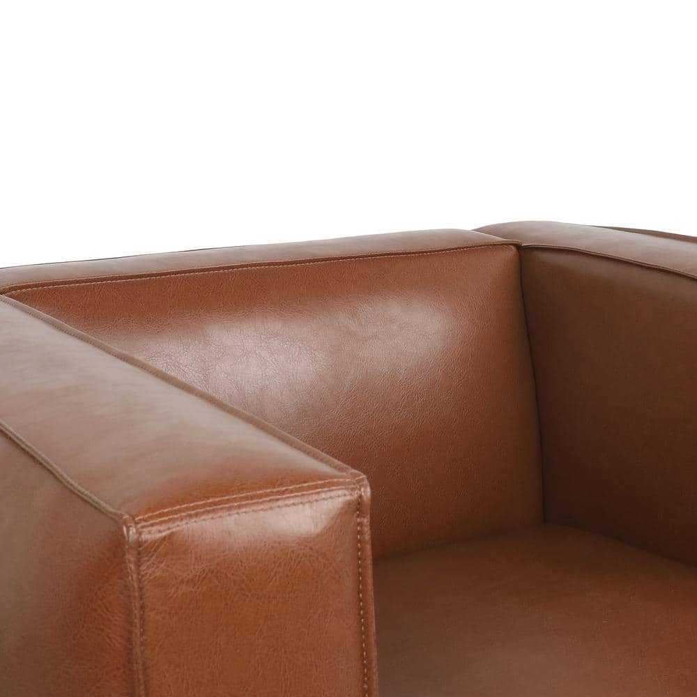 Cognac Brown Square Arm Faux Leather Club Chair with Dark Walnut Wood Legs