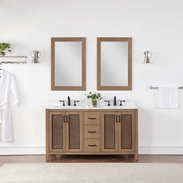 Altair Hadiya 60 in. W x 22 in. D x 34 in. H Double Sink Bath Vanity in Brown Pine with White Composite Stone Top and Mirror