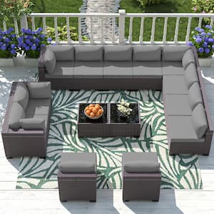 14-Piece Wicker Outdoor Sectional Set with Cushions Gray