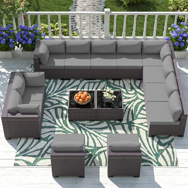 Halmuz 14-Piece Wicker Outdoor Sectional Set with Cushions Gray