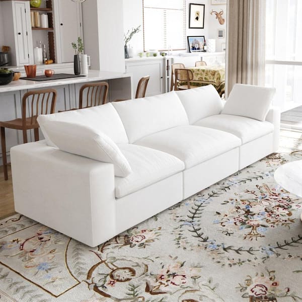 Magic Home 120.45 in. Modular Large 3-Seat 30% Linen Down Filled Overstuffed Upholstered Living Room Sectional Sofa in White