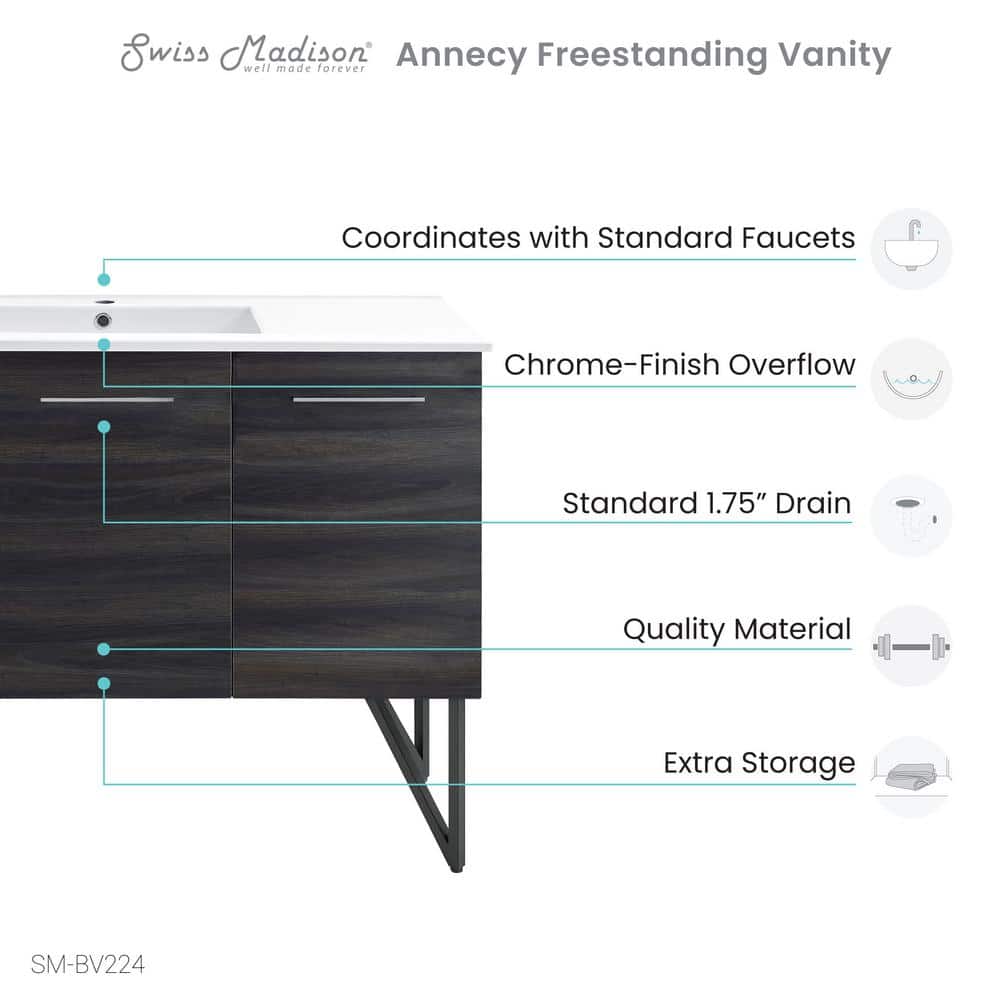 Annecy 48" Black Walnut Freestanding Bathroom Vanity with White Basin