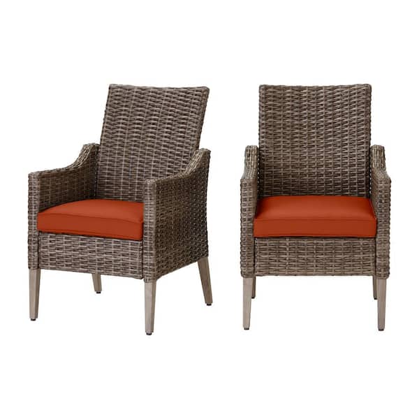 Hampton Bay Rock Cliff Brown Wicker Outdoor Patio Stationary Dining Chair with CushionGuard Quarry Red Cushions (2-Pack)