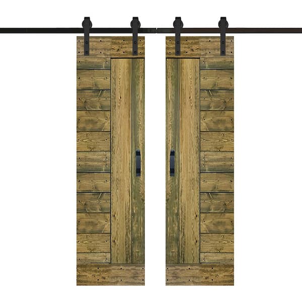 ISLIFE L Series 48 in. x 84 in. Aged Barrel Finished Solid Wood Double Sliding Barn Door with Hardware Kit - Assembly Needed