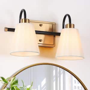 Modern Classic 14 in. 2-Light Plated Brass and Black Vanity Light with White Cone Fabric Shades