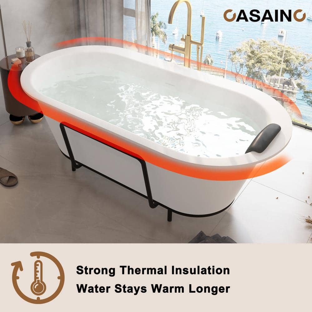 Matte White 67" Freestanding Soaking Bathtub with Black Pillow