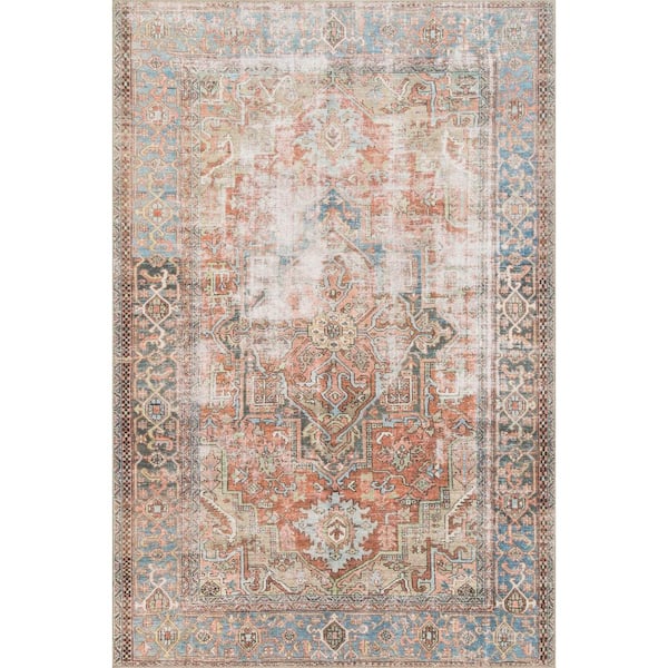 Loloi Loren Terracotta/Sky 1 ft. 6 in. x 1 ft. 6 in. Sample Distressed Bohemian Printed Area Rug