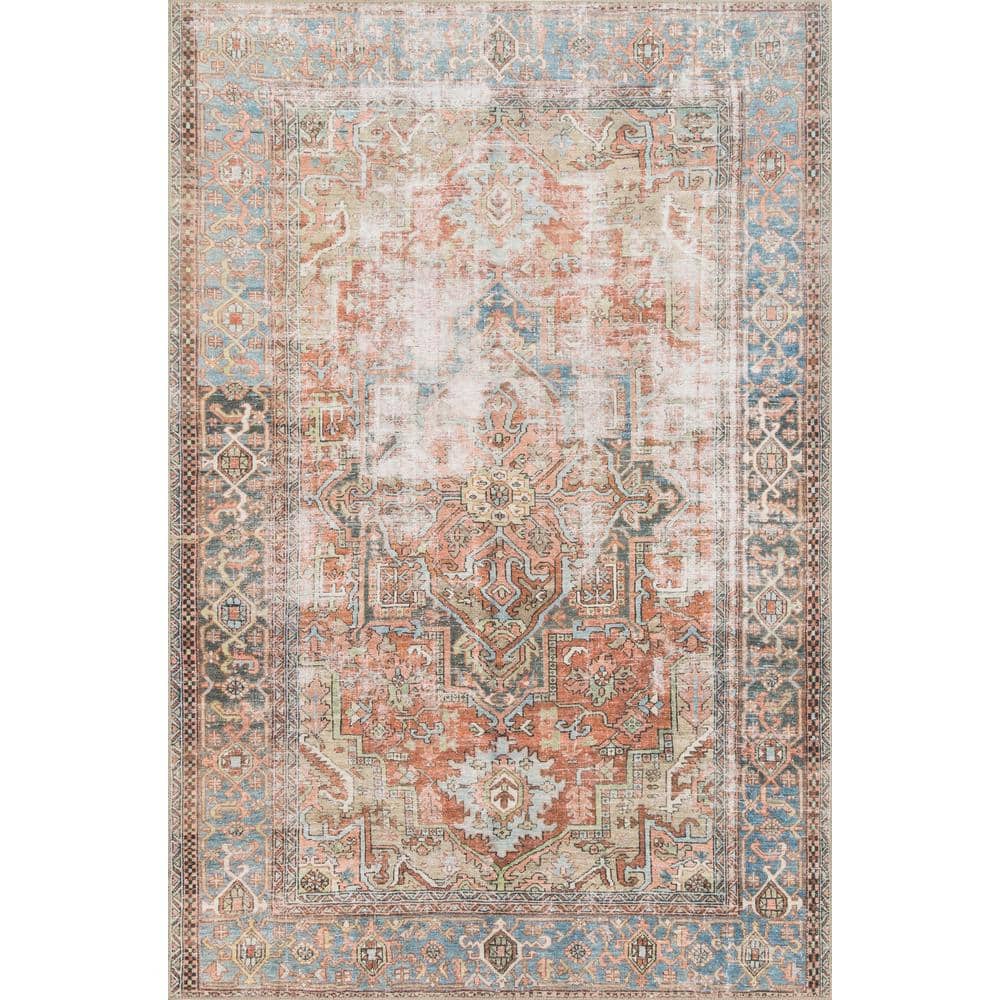 Hand-Knotted Blue and Terracotta Wool Oriental Rug