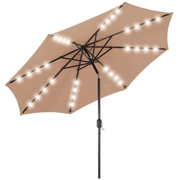 FIRNEWST 10ft Solar Polyester 32 LED Lighted Patio Umbrella with Tilt Adjustment and UV-Resistant Fabric in Khaki