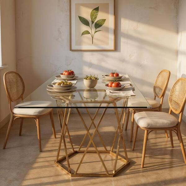 Gold Glass 63.00 in. Pedestal Base Dining Table Seats 6