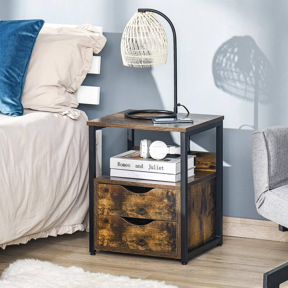 Rustic Brown Wood and Black Steel Side Table with Storage Drawers