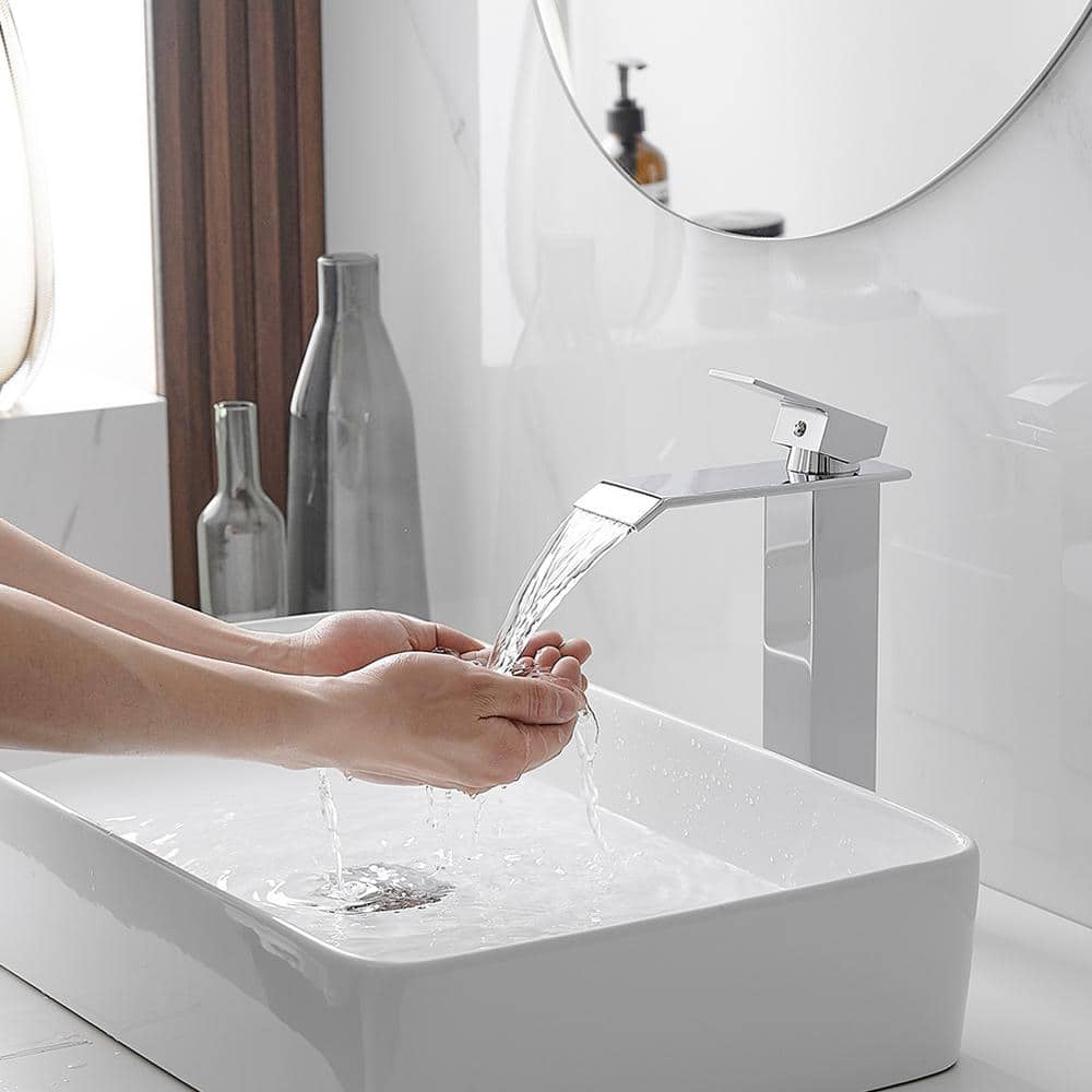 Polished Chrome Waterfall Vessel Sink Faucet with Pop-Up Drain