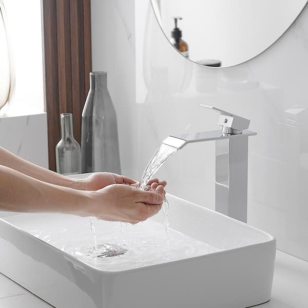 Waterfall Single Hole Single Handle Bathroom Vessel Sink Faucet With Pop-up Drain Assembly in Polished Chrome