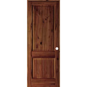 36 in. x 96 in. Knotty Alder 2 Panel Left-Hand Square Top V-Groove Red Chestnut Stain Wood Single Prehung Interior Door