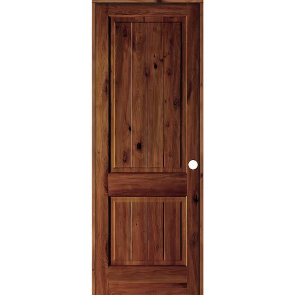 Krosswood Doors 36 in. x 96 in. Knotty Alder 2 Panel Left-Hand Square Top V-Groove Red Chestnut Stain Wood Single Prehung Interior Door