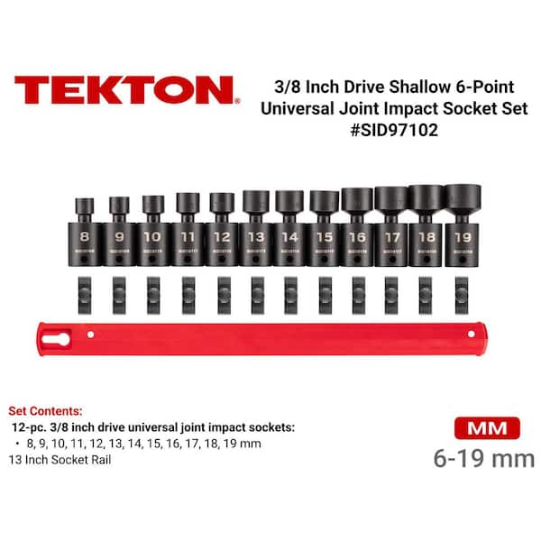 3/8 in. Drive 6-Point Universal Joint Impact Socket Set with Rail, 12-Piece (8-19 mm)