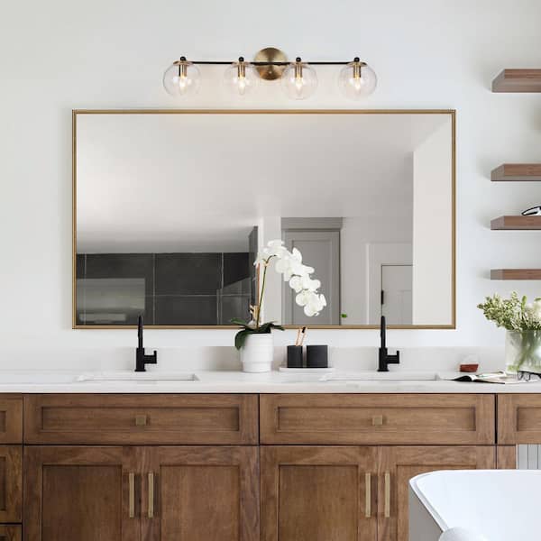 Modern DIY Vanity Light, 30 in. 4-Light Brass Gold Bathroom Vanity Light, Transitional Globe Seeded Glass Bath Light