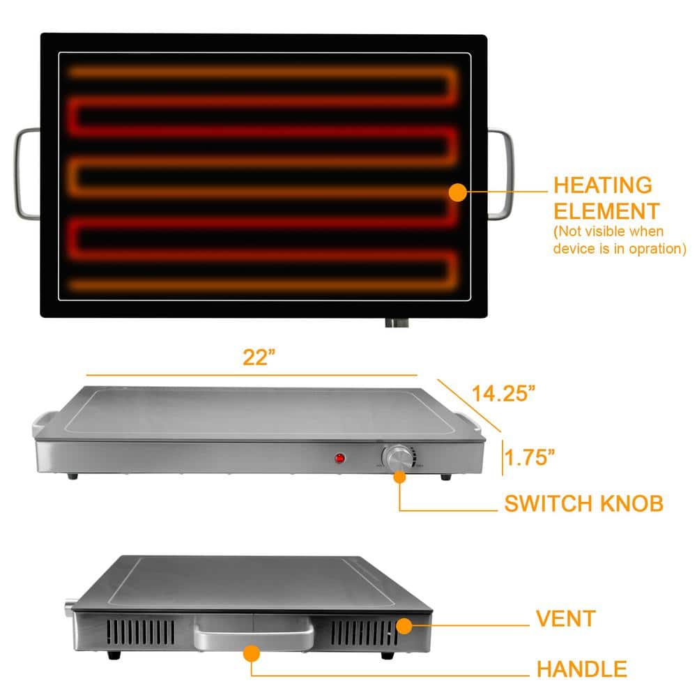 MegaChef 24" Silver and Black Electric Warming Tray with Adjustable Temperature Control