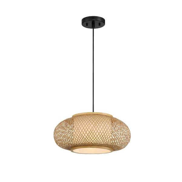 Linnea 60-Watt 1-Light Black with Stained Cane Tropical Pendant Light with Stained Cane Shade and No Bulbs Included