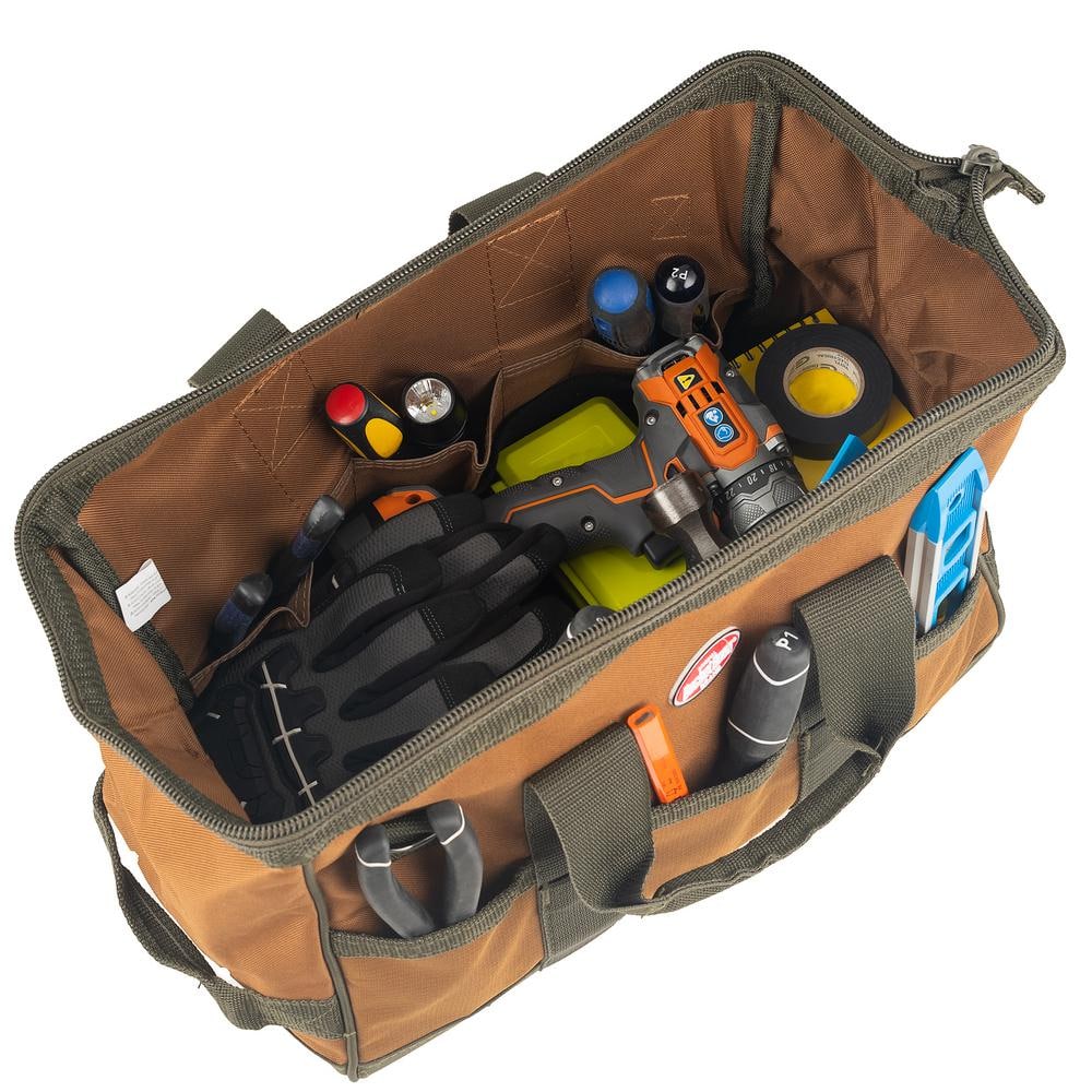 Brown and Green 16" Polyester Tool Bag with Pockets