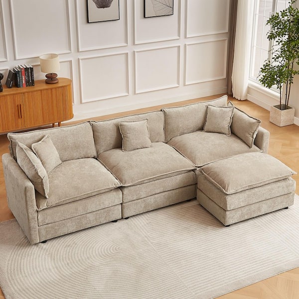 112.2 in. Square Arm L-Shaped Chenille Deluxe Pillow-Styled Modular Sectional Sofa in Coffee with 1 Ottoman