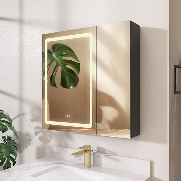 NTQ Ralix 30 in. W x 30 in. H Rectangular Black Aluminum Surface Mount LED Bathroom Medicine Cabinet with Mirror