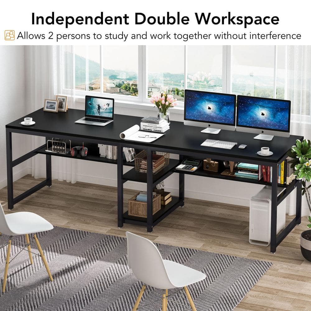 Black Double Workstation Desk with Shelves for Two