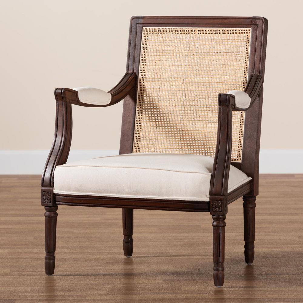 Traditional French Dark Brown Wood and Beige Fabric Accent Chair