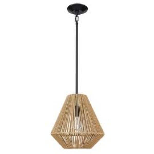 Matte Black and Natural Raphia Rope Medium Pendant Light
