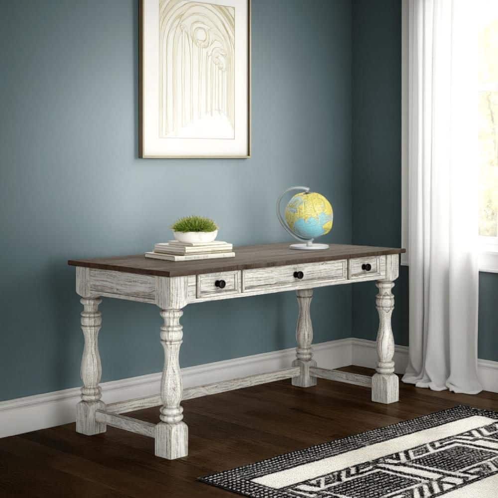 Tex 27.25 in. Rectangular Gray Wood 2-Drawer Writing Desk with Vintage White Base