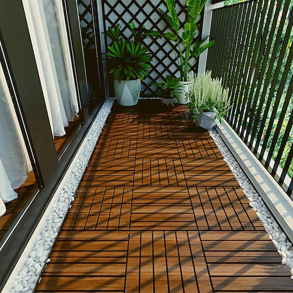 12 in. x 12 in. Square Acacia Wood Interlocking Patio Deck Tile Outdoor Striped Pattern Flooring Tile Pack of 10 Tiles