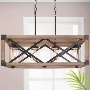 Farmhouse Wood Island Chandelier, Distressed Black Hanging Ceiling Light 4-Light Modern Pendant with Clear Glass Shades