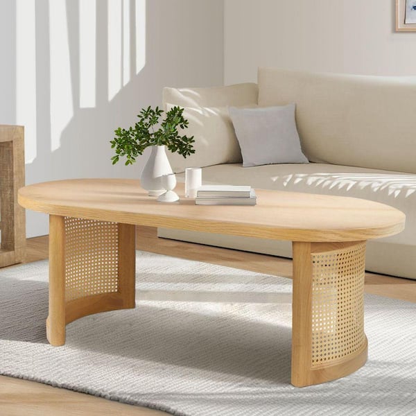 LAOTIES 24 in. x 48 in. Oak Oval MDF Pedestal Coffee Table AODAI
