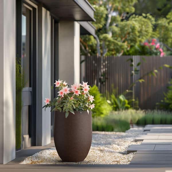 Large Earthy Brown Concrete Tall Round Planter with Drainage Hole and Textured Design (16 in. L x 16 in. W x 22 in. H)